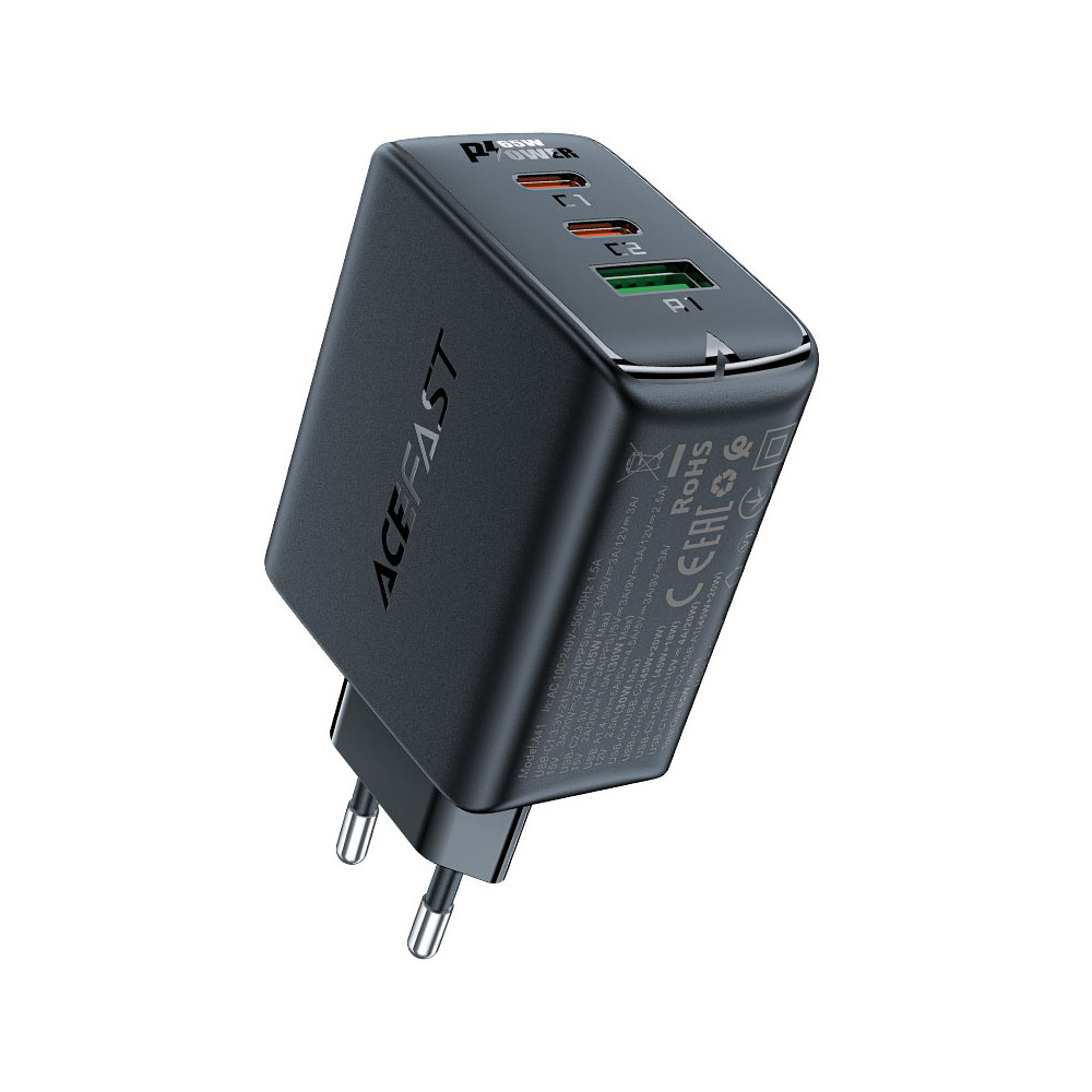 Snabb gan 2x USB-C USB-A PDS PD QC4 + 65W svart