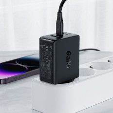 Snabb gan 2x USB-C USB-A PDS PD QC4 + 65W svart