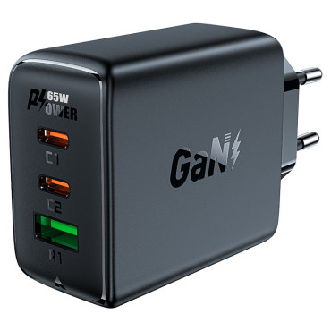 Fast Gan 2x USB-C USB-A PDS PD QC4 + 65W Nero