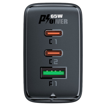 Snabb gan 2x USB-C USB-A PDS PD QC4 + 65W svart