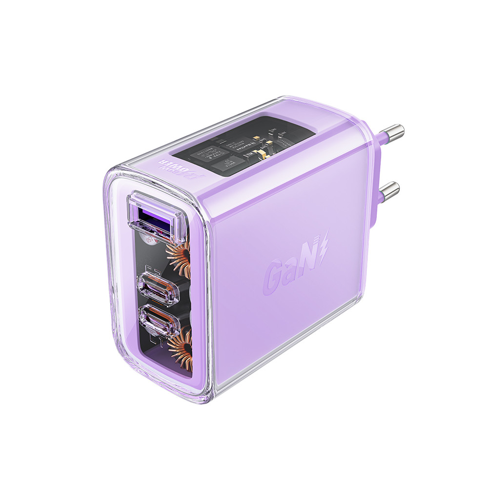 Gan 65W 3 Omrežni polnilnik 3 Ports 1x USB 2x USB-C Purple