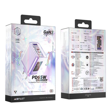 GAN 65W 3 Nätverksladdare 3 portar 1x USB 2x USB-C Lila