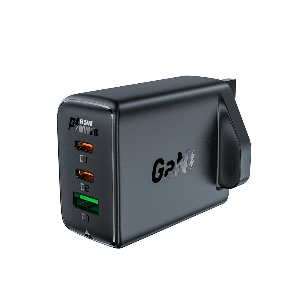 Tīkla iekrāvējs English Plug UK GAN 65W 1x USB 2x USB-C PD melns