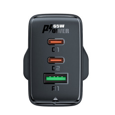 Omrežni nakladalnik English Plug UK GAN 65W 1x USB 2x USB-C PD črna