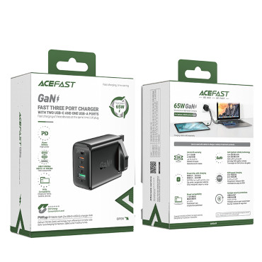 Omrežni nakladalnik English Plug UK GAN 65W 1x USB 2x USB-C PD črna