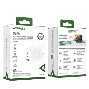 Carregador de rede Plugue inglês UK GAN 65W 1x USB 2x USB-C PD Branco