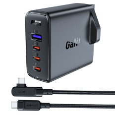 2in1 kabel en snelle netwerkoplader Gan English Plug UK 100W PD 3x USB-C USB zwart