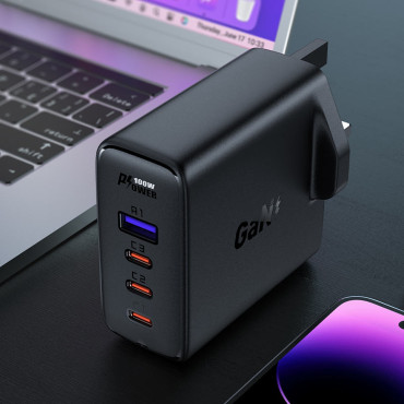 2In1 Kabeļu un ātru tīkla lādētājs Gan English Plug UK 100W PD 3x USB-C USB Black