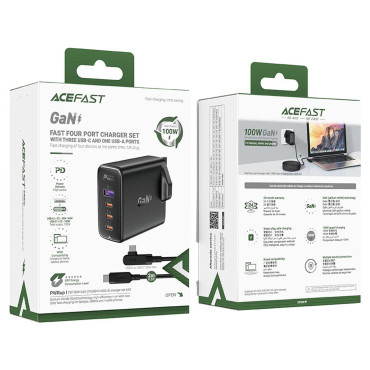 2in1 kabelski in hitri omrežni polnilnik GAN English Plug UK 100W PD 3x USB-C USB črna