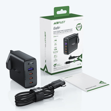 2in1 kabelski in hitri omrežni polnilnik GAN English Plug UK 100W PD 3x USB-C USB črna