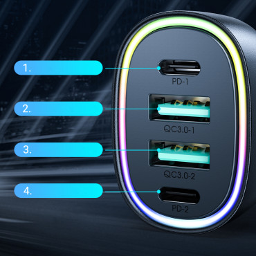 Automobilová nabíjačka 70W s 4 portom 2x USB-C PD 2X USB QC ČIERNA