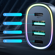 Automobilová nabíjačka 70W s 4 portom 2x USB-C PD 2X USB QC ČIERNA