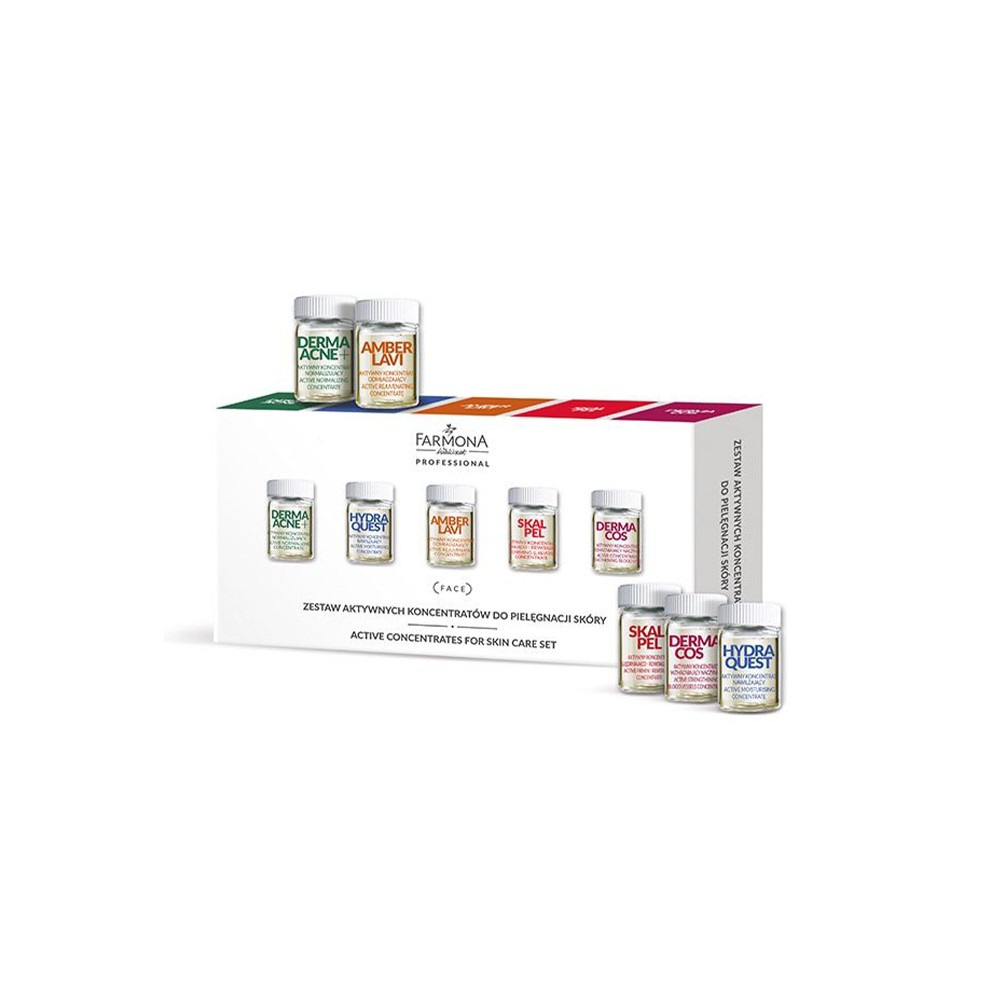 Farmona aktív bőrápoló koncentrátumok szettje (derma acne + * 2, hydra quest * 2, amber lavi * 2, scalpel * 2 — csomagolás