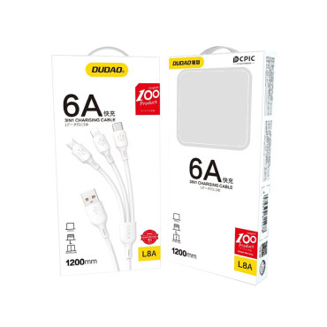 3In1 Kabel USB-A-kabel för USB-C Micro USB iPhone Lightning 480MB / s 1.2m Vit