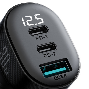 Carregador de carro com 2x USB-C USB-A 30W Black Display