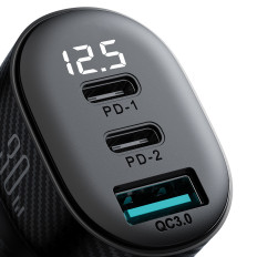 Autolaadija 2x USB-C USB-A 30W musta ekraaniga