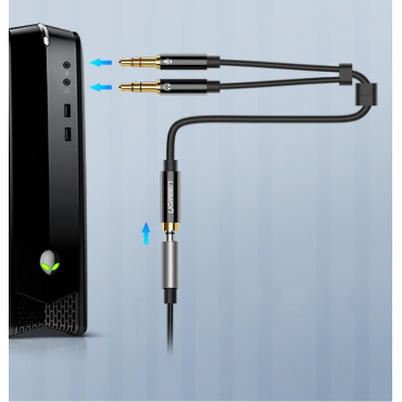 AUX izplatītāja adapteris 3,5 mm mini ligzda uz mikrofona un austiņām melnā krāsā