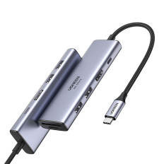 6in1 multifunksjonell USB-C Hub - 2x USB HDMI 4K SD og TF USB-C PD 100W Grå kortleser