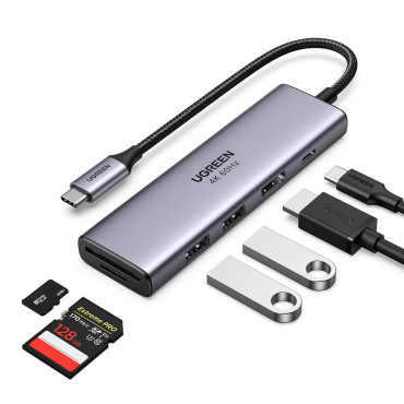 6V1 Multifunkčný USB-C HUB - 2X USB HDMI 4K SD a TF USB-C PD 100W GRAY CARD SECTION