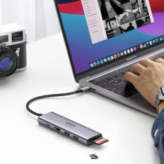 6in1 multifunkcionális USB-C hub - 2x USB HDMI 4K SD és TF USB-C PD 100W szürke kártyaolvasó