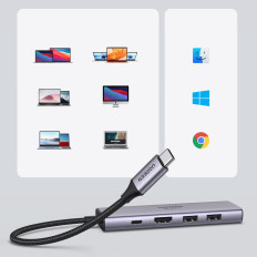 6in1 multifunksjonell USB-C Hub - 2x USB HDMI 4K SD og TF USB-C PD 100W Grå kortleser