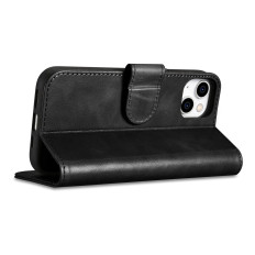2in1 case en cuir avec poisson iPhone 14 cas de portefeuille de cire d'huile anti-rfid noir