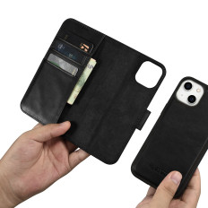 2In1 Case Ādas segums ar iPhone Flap 14 Anti-RFID eļļas vaska maku korpusa melns