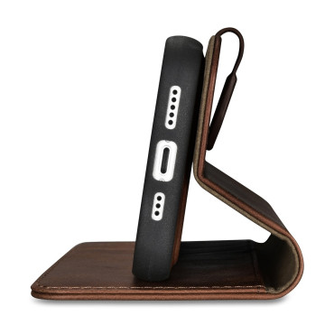 2in1 lederen case cover met iphone 14 anti-rfid olie wax portefeuille behuizing donkerbruin