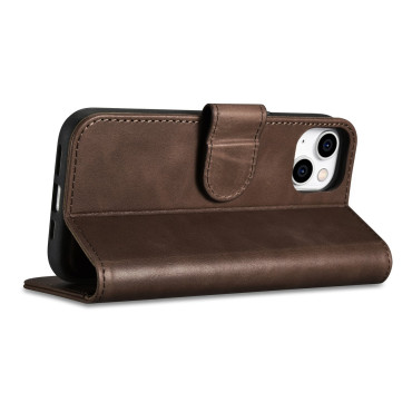 2In1 Läderfodral med iPhone 14 Anti-RFID Oil Wax Wallet Case Dark-Brown