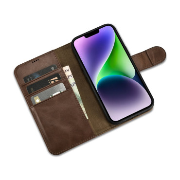 2In1 Läderfodral med iPhone 14 Anti-RFID Oil Wax Wallet Case Dark-Brown