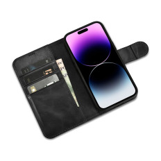 2in1 usnjeni pokrov z iPhone 14 Pro Anti-RFID olje Wax Denarnica Črna