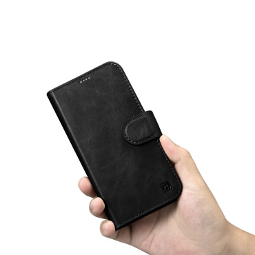 2in1 usnjeni pokrov z iPhone 14 Pro Anti-RFID olje Wax Denarnica Črna