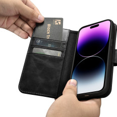 2in1 usnjeni pokrov z iPhone 14 Pro Anti-RFID olje Wax Denarnica Črna