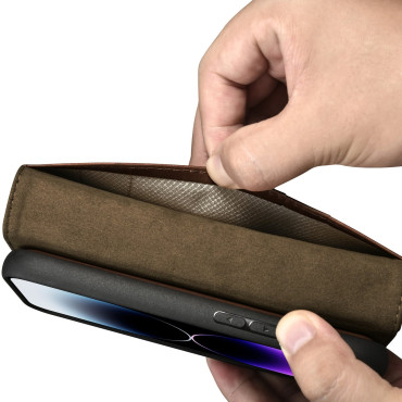 2in1 case leather cover with iPhone 14 Pro anti-RFID Oil Wax Wallet Case dark-brown