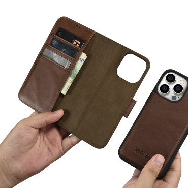2in1 case leather cover with iPhone 14 Pro anti-RFID Oil Wax Wallet Case dark-brown