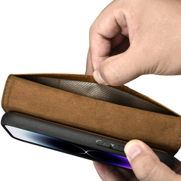 2In1 Läderfodral med iPhone 14 Pro Anti-RFID Oil Wax Wallet Case Ljusbrun
