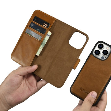 2In1 Läderfodral med iPhone 14 Pro Anti-RFID Oil Wax Wallet Case Ljusbrun