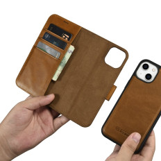 2in1 Case Läderhölje med iPhone 14 Plus Anti-RFID Oil Wax Wallet Case Ljusbrun