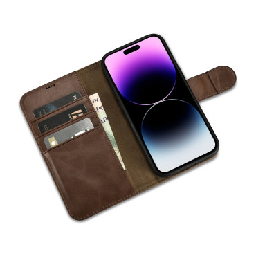 2V1 Case Kožený kryt s iPhone 14 Pro MAX Anti-RFID Olejové voskové peňaženkové puzdro Dark-Brown