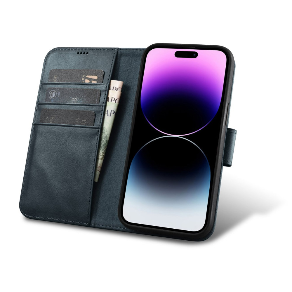 2N1 CASE Kožený kryt s iPhone 14 PRO MAX Anti-RFID Olejové voskové WAX Wallet Case Blue