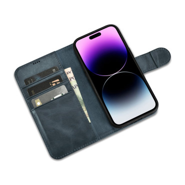 2N1 CASE Kožený kryt s iPhone 14 PRO MAX Anti-RFID Olejové voskové WAX Wallet Case Blue