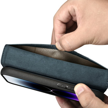 2N1 CASE Kožený kryt s iPhone 14 PRO MAX Anti-RFID Olejové voskové WAX Wallet Case Blue