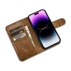 2in1 usnjeni pokrov z iPhone 14 Pro Max Anti-RFID olje voska denarna luska-rjava