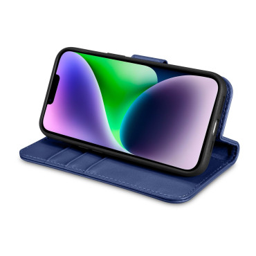 2V1 Kožený kryt kože s iPhone FLAP 14 Anti-RFID Wallet Case Blue