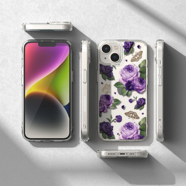 Obrnený kryt puzdra s gélovým gélom rám iPhone 14 plus fúzny dizajn fialová ruža