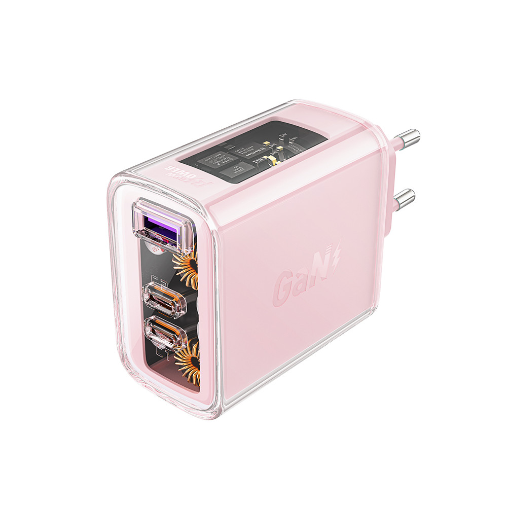 GAN 65W 3 Tīkla lādētājs 3 porti 1x USB 2x USB-C rozā