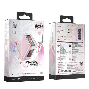 GAN 65W 3 Carregador de rede 3 portas 1x USB 2x USB-C Pink
