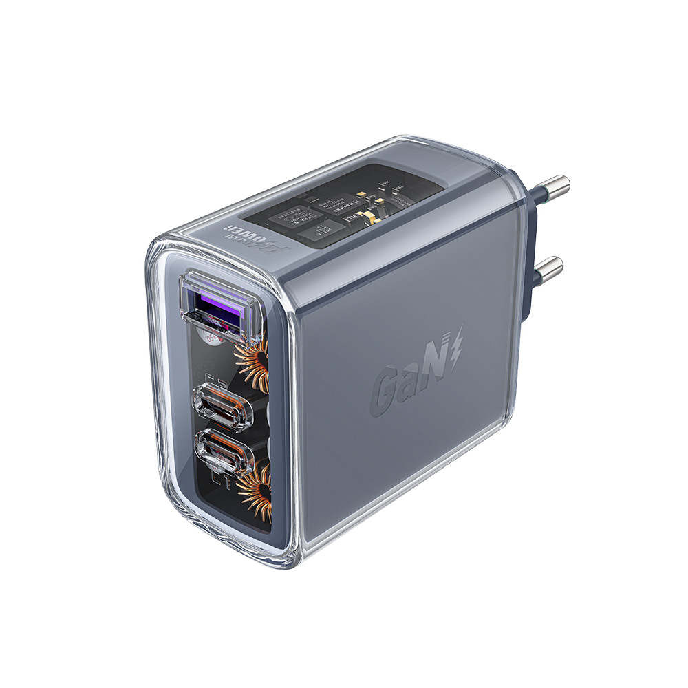 GAN 65W 3 Carregador de rede 3 portas 1x USB 2x USB-C Cinza