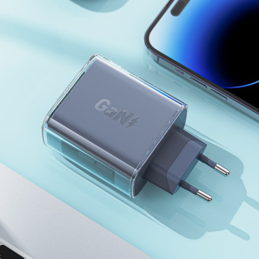GAN 65W 3 Tīkla lādētājs 3 porti 1x USB 2x USB-C pelēks