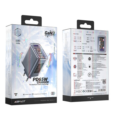 GAN 65W 3 Carregador de rede 3 portas 1x USB 2x USB-C Cinza